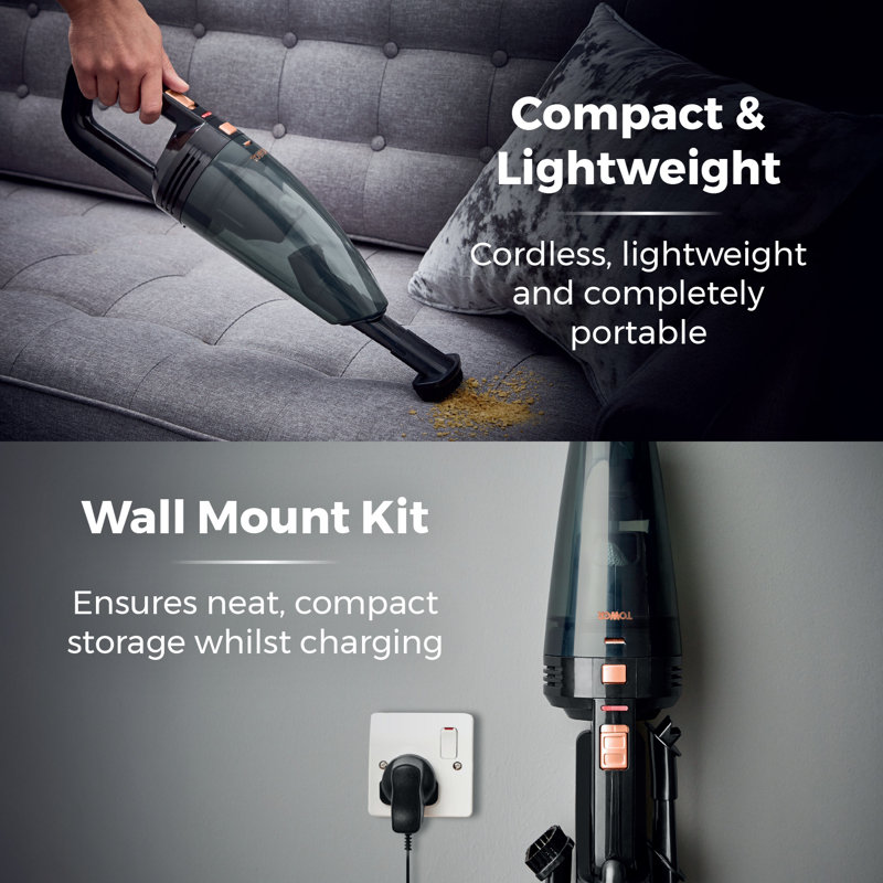 Tower Cordless 7.4V Handheld Vacuum Cleaner with Crevice Tool, Brush Head, Rechargeable Battery, 50W