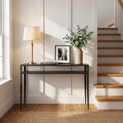 Console Siyah avec plateau en bois de manguier et base en métal - finition noyer noir mat, table d'appoint fabriquée à la main