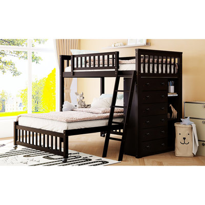 Lit superposé simple au-dessus d'un lit double en bois avec 6 tiroirs de rangement, étagères polyvalentes, tablettes
