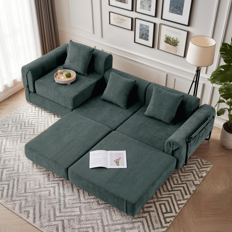 3-seater Boneless Convertible Folding Sofa Bed With Storage Pocket & Modular Design, Green Polyester Blend