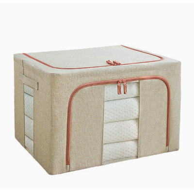 Bacs de rangement pliables de 100 L avec fenêtre transparente, organisateur empilable à cadre en métal avec poignées, boîtes de rangement en tissu de lin pour couvertures de vêtements, literie, rangement pour garde-robe, kaki