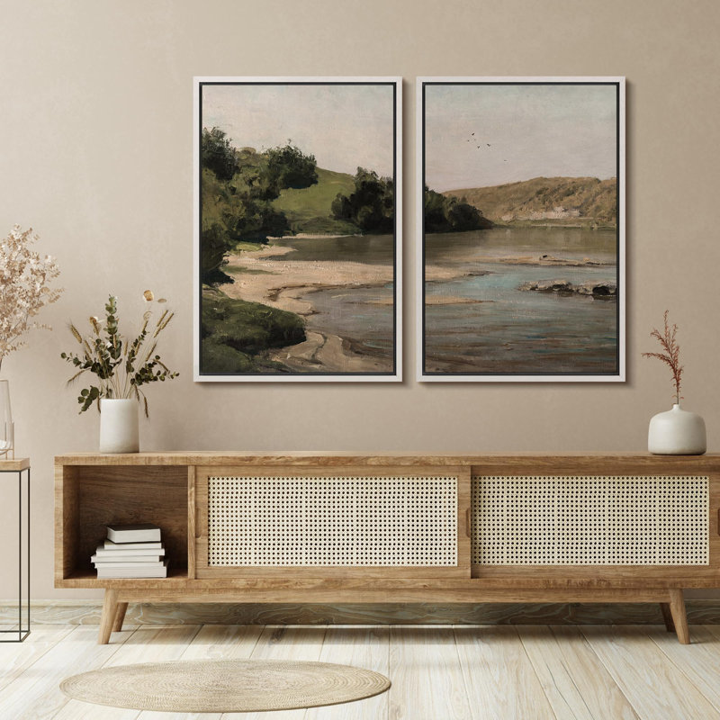 Tranquil River Bend Peaceful Riverside, paysage, nature, désert, illustrations, décor, Blanc, H 36 po x l 24 po