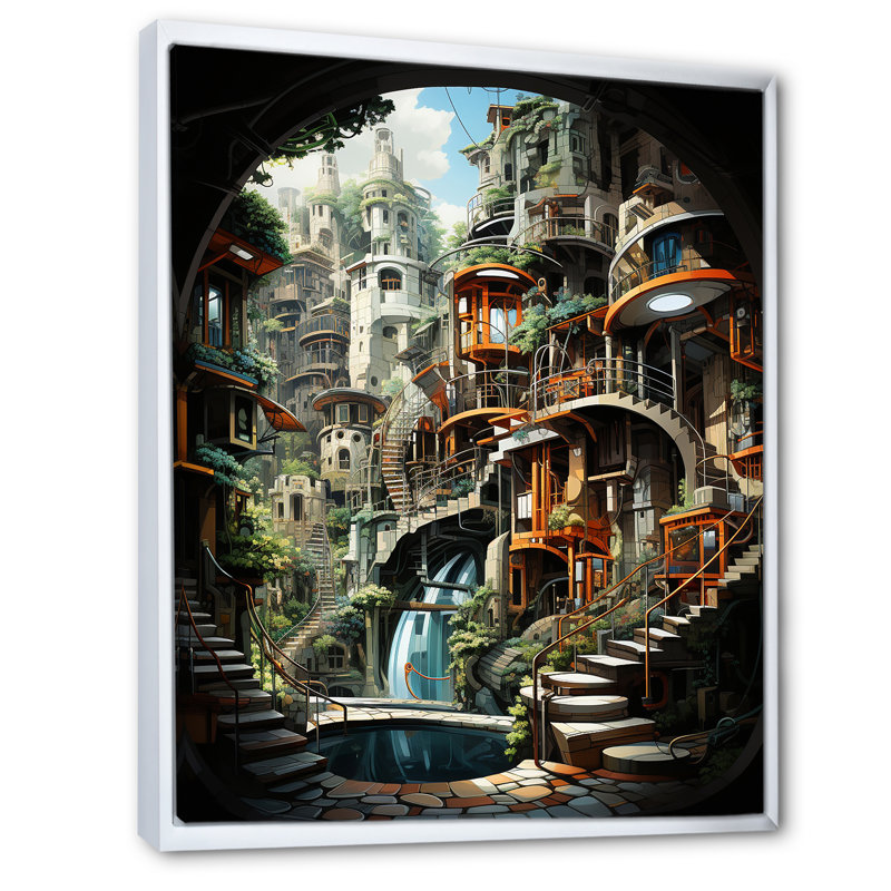 Animations, ville futuriste - salon d'art mural, Cadre flottant blanc, H 44 po x l 34 po x P 1,5 po