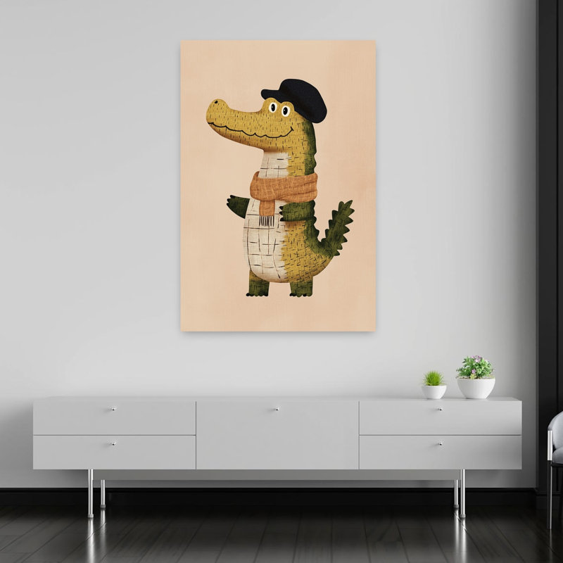 Whimsical Alligator In Beret Contemporary Alligator Crocodile Wall Art Print by Mathieu - Wrapped Canvas Print