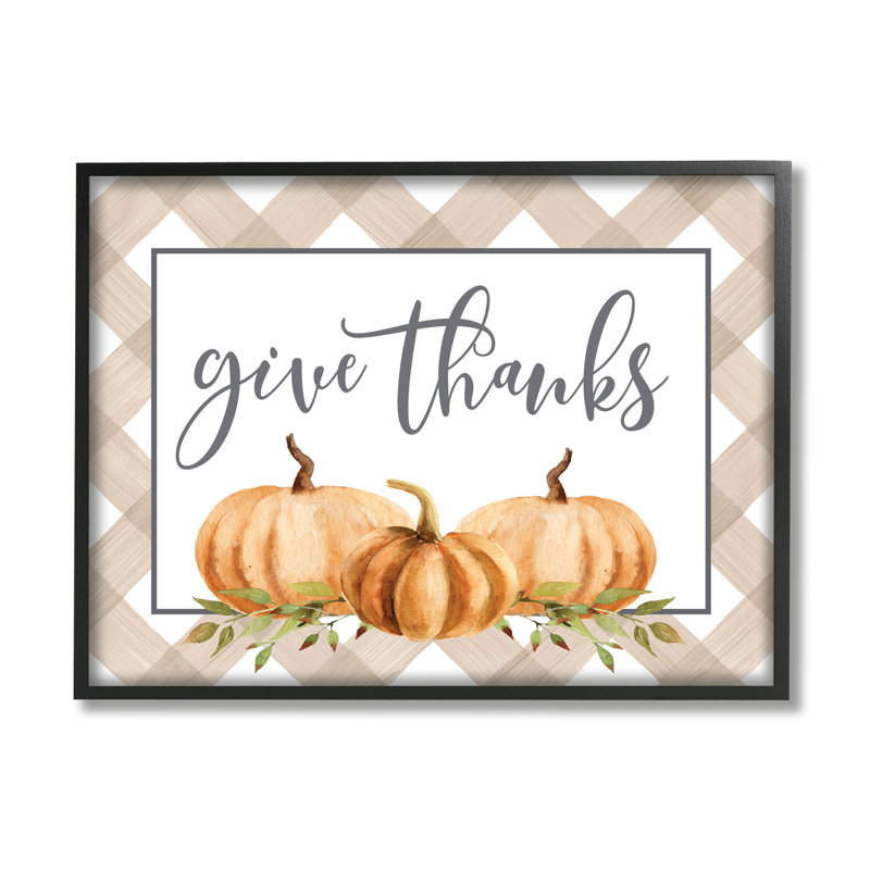 Calligraphie «Offrez des mercis», bordure d'automne citrouille tartan par lettrage et doublure - cadre photo, impression sur bois