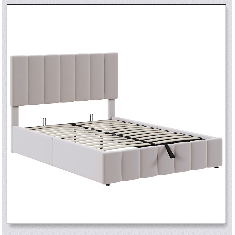 Lit plateforme tapissier avec système de rangement hydraulique