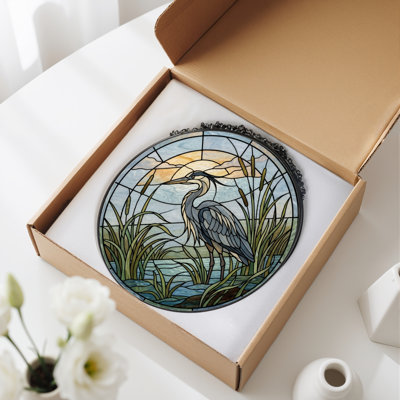 Heron Marsh Stained Glass Window Panel，12"H