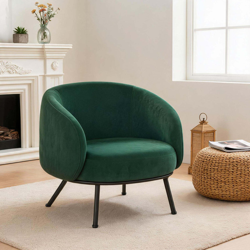 Fauteuil demi-tonneau en velours noir avec capitonnage, fauteuil de style Mid-Century moderne avec pieds en métal, canapé rembourré simple et confortable pour le salon - rembourrage en mousse