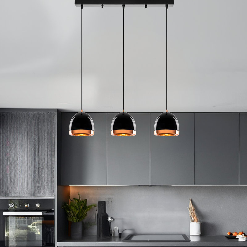 Luminaire suspendu pour îlot de cuisine 3 lumières à hauteur réglable avec capuchon en métal, Or / noir