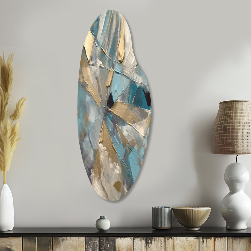 «Blue Gold Transcendent Liquide I», art mural en métal asymétrique en marbre, impression d'art en métal incurvé bleu