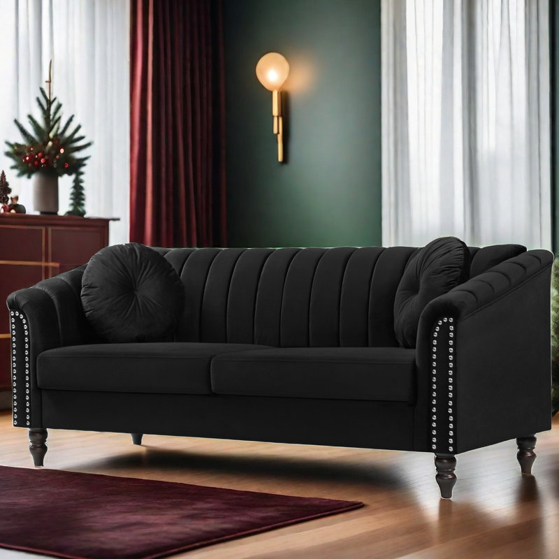 Mikole Upholstered Sofa, Black Velvet, 31" H x 75" W x 31" D
