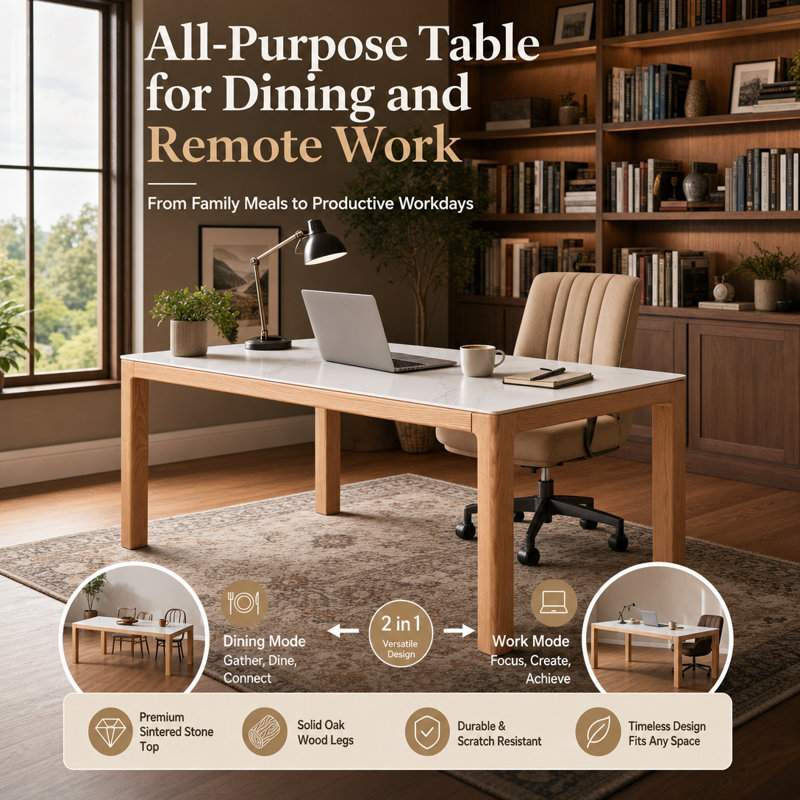 Solid Oak Wood Dining Table with Sintered Stone Top, 63" W x 33.5" D x 29.5" H, Rectangular Kitchen Table with Thick Sturdy Legs & Non-Slip Pads, Natural Wood Finish