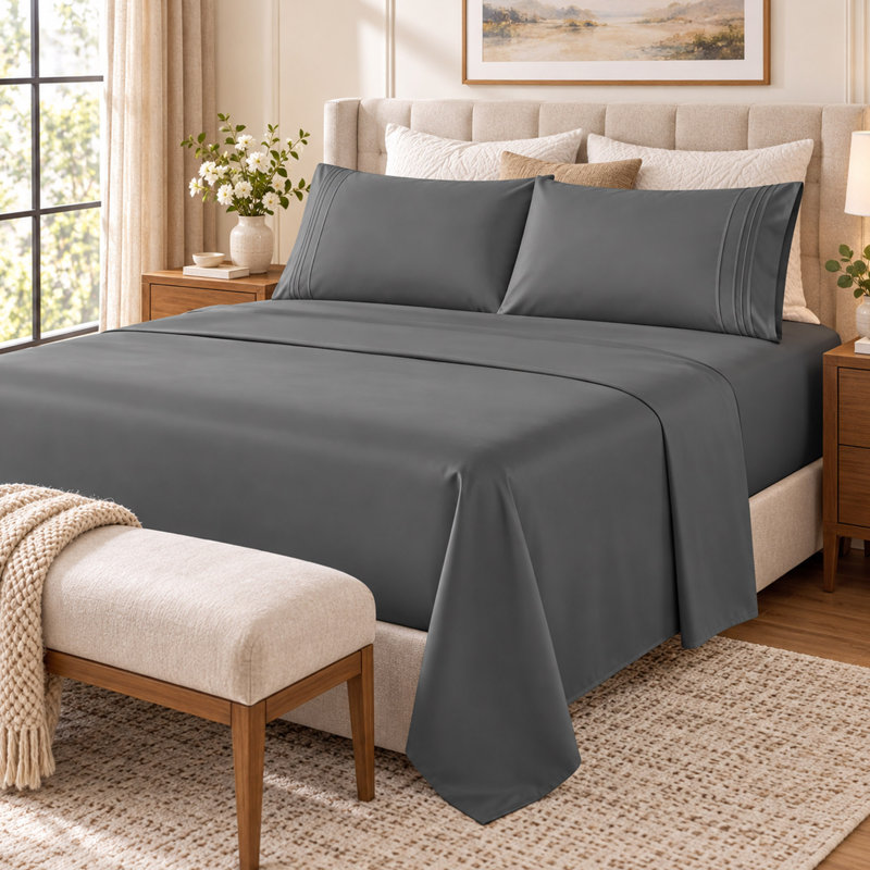 Ensemble de draps 4 pièces en microfibre brossée avec poche profonde de 16 po, gris foncé, Queen Sheet Set with 2 Pillowcases