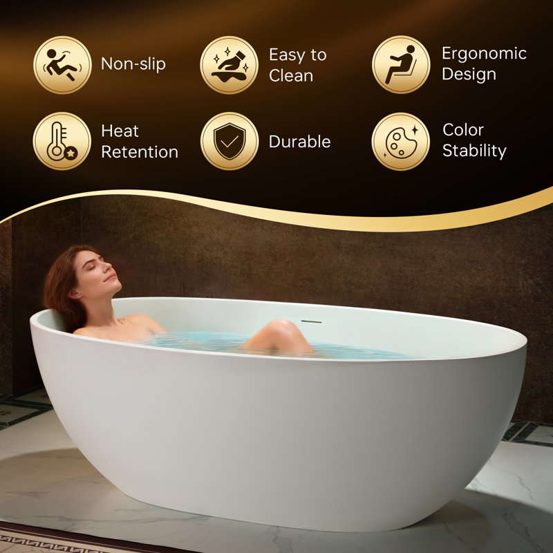 67" Freestanding Soaking Solid Surface Stone Resin Bathtub with Integrated Overflow and Pop-up Drain, Matte White