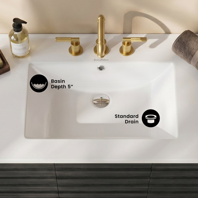 Plan de toilette en céramique de 36 po (91,4 cm) avec trois trous pour robinetterie SM-VT336-3, Blanc lustré, 8 po