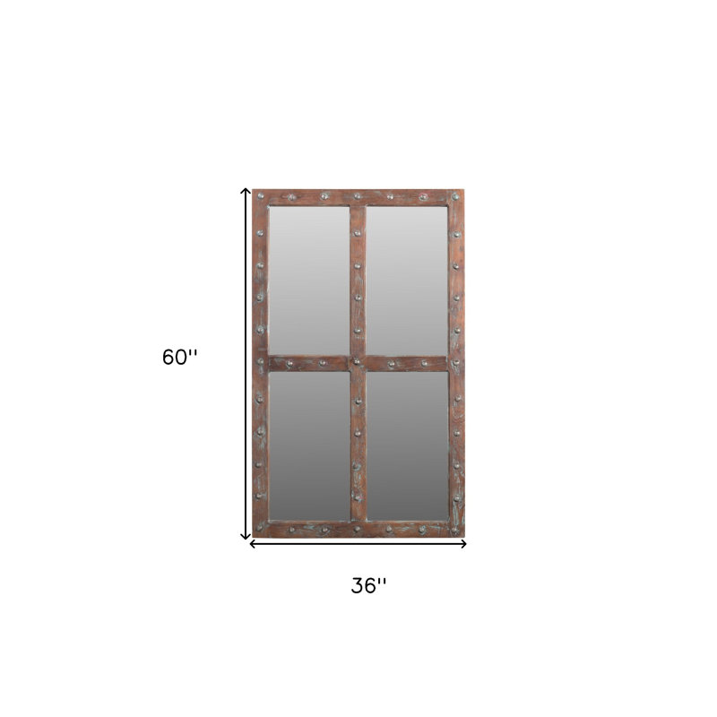 60" Wood Brown Rustic Solid Wood Window Pane Framed Accent Mirror, Brown