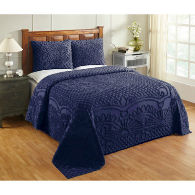 Trevor Chenille Bedspread Set King Size, 100% Cotton Medallion Coverlet Set with 2 Standard Shams, Traditional Textured Heirloom Bedding, Soft Breathable All-Season Comfort, OEKO-TEX Certified, Navy