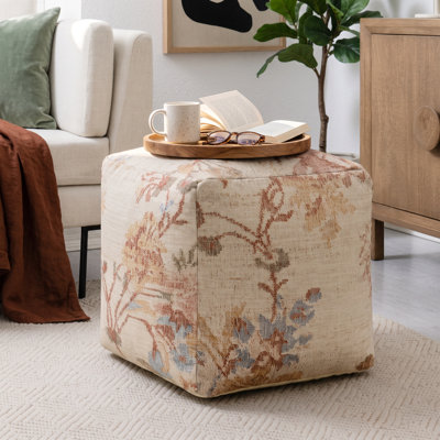 Yinka 17.5"H Botanical Cotton Upholstered Pouf Ottoman