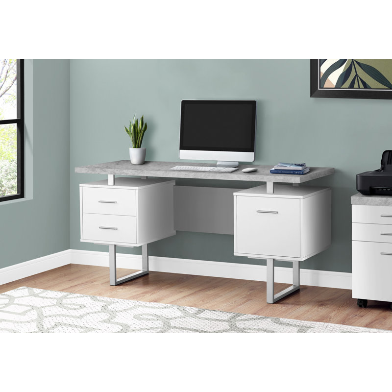 Bansilal Computer Desk, Home Office, Laptop, Left, Right Set-Up, Storage Drawers, 60"L, Metal, Laminate, Silver/White