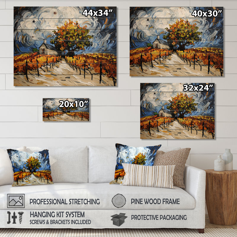 Éclat chatoyant de vignoble II - impression traditionnelle en bois orange sur bois de pin naturel