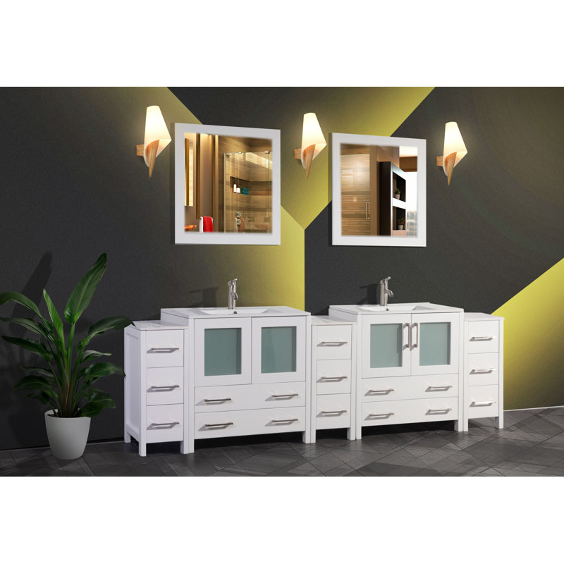 Karson 96'' Double Bathroom Vanity with Ceramic Top with Mirror, White