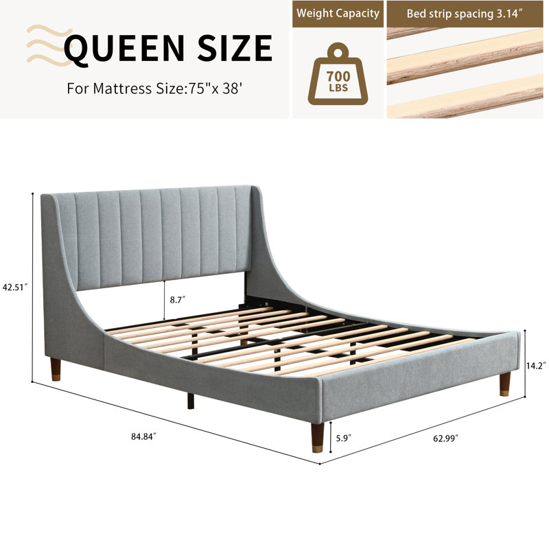 Linvel Upholstered Wingback Platform Bed, Light Blue, Queen