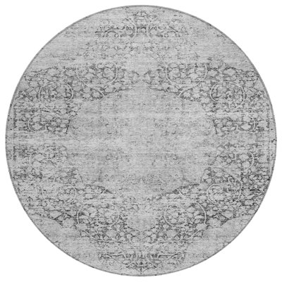 8' Gray And Ivory Round Oriental Washable Indoor Outdoor Area Rug