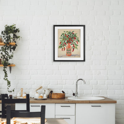 Chili Peppers in Hot Sauce Vase Framed Print Under Glass, design by The Prints Vibe