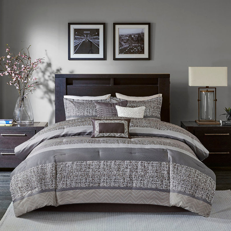 Ensemble d'édredon 7 pièces en jacquard gris / taupe Opulent, Édredon très grand californien + 6 pièces suppl