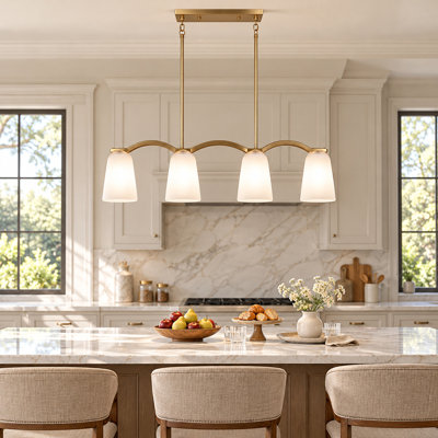 Lustre linéaire moderne doré à 4 lumières avec abat-jour en verre givré, îlot de cuisine contemporain pour salle à manger