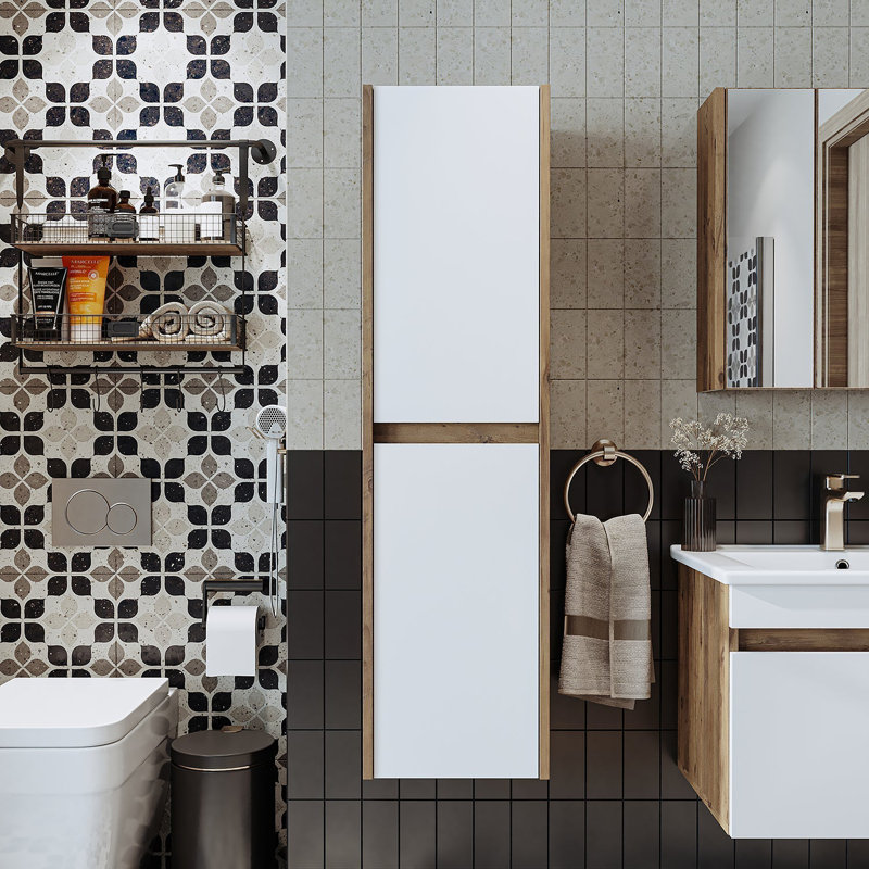Ruarie Tall Bathroom Towel Storage Cabinet, White/Oak