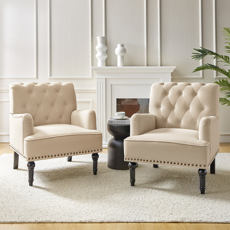 Jakub 28.5" W Velvet Upholstered Tufted Armchair with Nailhead Trim , Tan Velvet