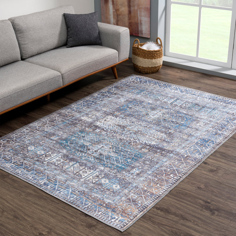 Washable Non-Slip Traditional Area Rug - Slate Gray / Blue Rug for Entryway, Hallway, Bathroom, and Kitchen - Fellers
