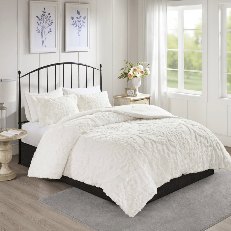 Édredon en chenille de coton 3 pièces Taupe, Blanc cassé, Édredon pour très grand lit + 2 taies décorativ