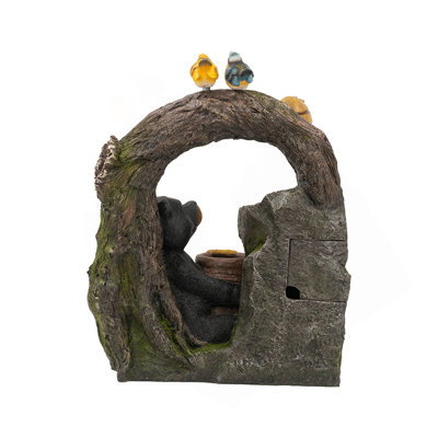 Fontaine décorative 18,5 x 11,8 x 22,6 po à deux niveaux avec motif animalier des bois, fontaine d'extérieur avec lumière et pompe