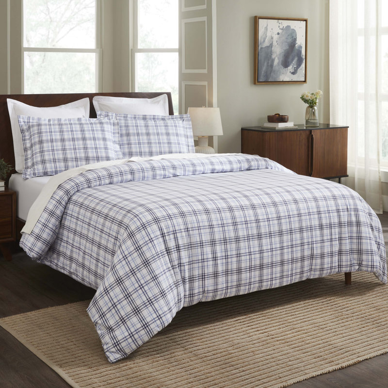Ensemble de housse de couette 100% coton écossais moderne, Housse de couette très grand / très grand califo, Bleu