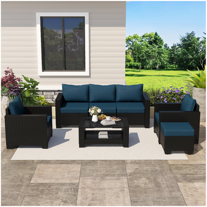 7 Piece Wicker Outdoor Patio Conversation Furniture Set with Cushions and Coffee Table, Espresso Wood, Peacock Blue