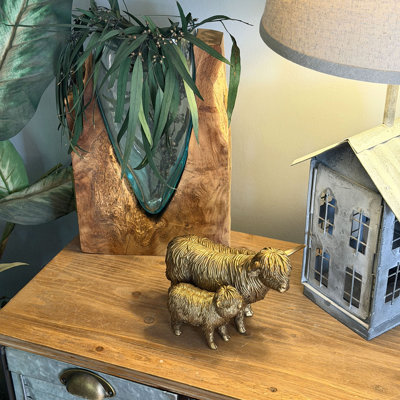 Décoration d'étagère rustique en résine représentant une vache et son veau des Highlands, couleur bronze antique, 18,4 cm de large
