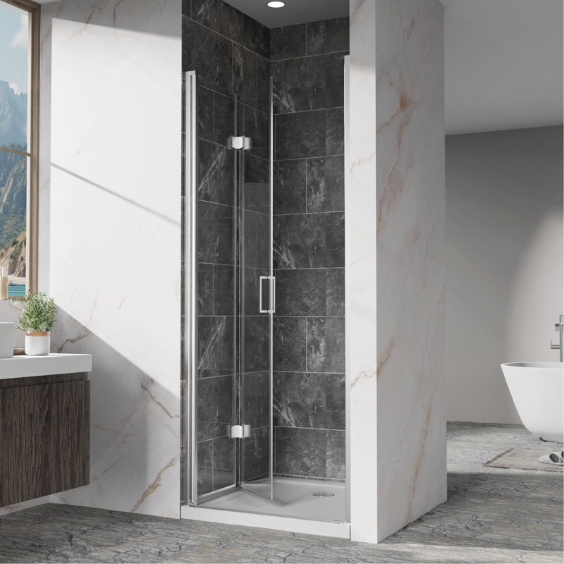 Pivot Shower Door, 32"W x 72"H Frameless Bi-fold Swing Shower Door,1/4" (6mm) Clear Tempered Glass, Chrome Finish Hardware, Reversible Installation