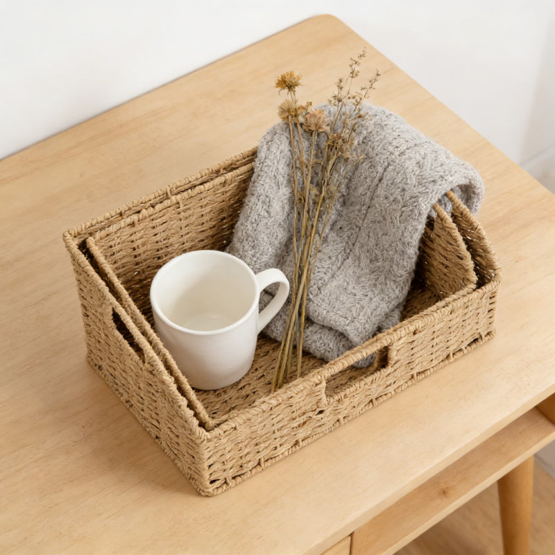 Paniers de rangement en corde de papier tissés à la main avec poignées en bois, paquet de 2 paniers de rangement en osier pour garde-manger, cuisine, tablettes et décoration intérieure