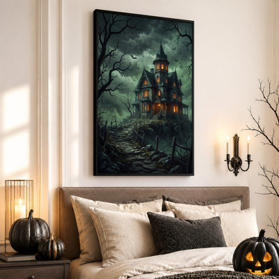 Haunted Victorian House With Glowing Windows And Halloween Canvas Wall Art