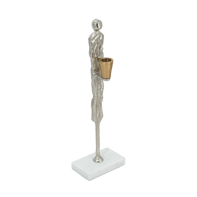 4.8X3x15.5" Aluminum Taper Candle Holder With Abstract Human Design And Marble Stand