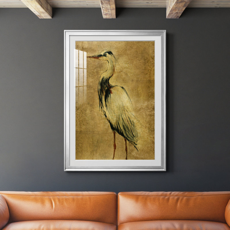«Gold Crane at Dusk II», peinture sur toile encadrée, H 26,5 po x l 36,5 po x P 1,5 po, Argent