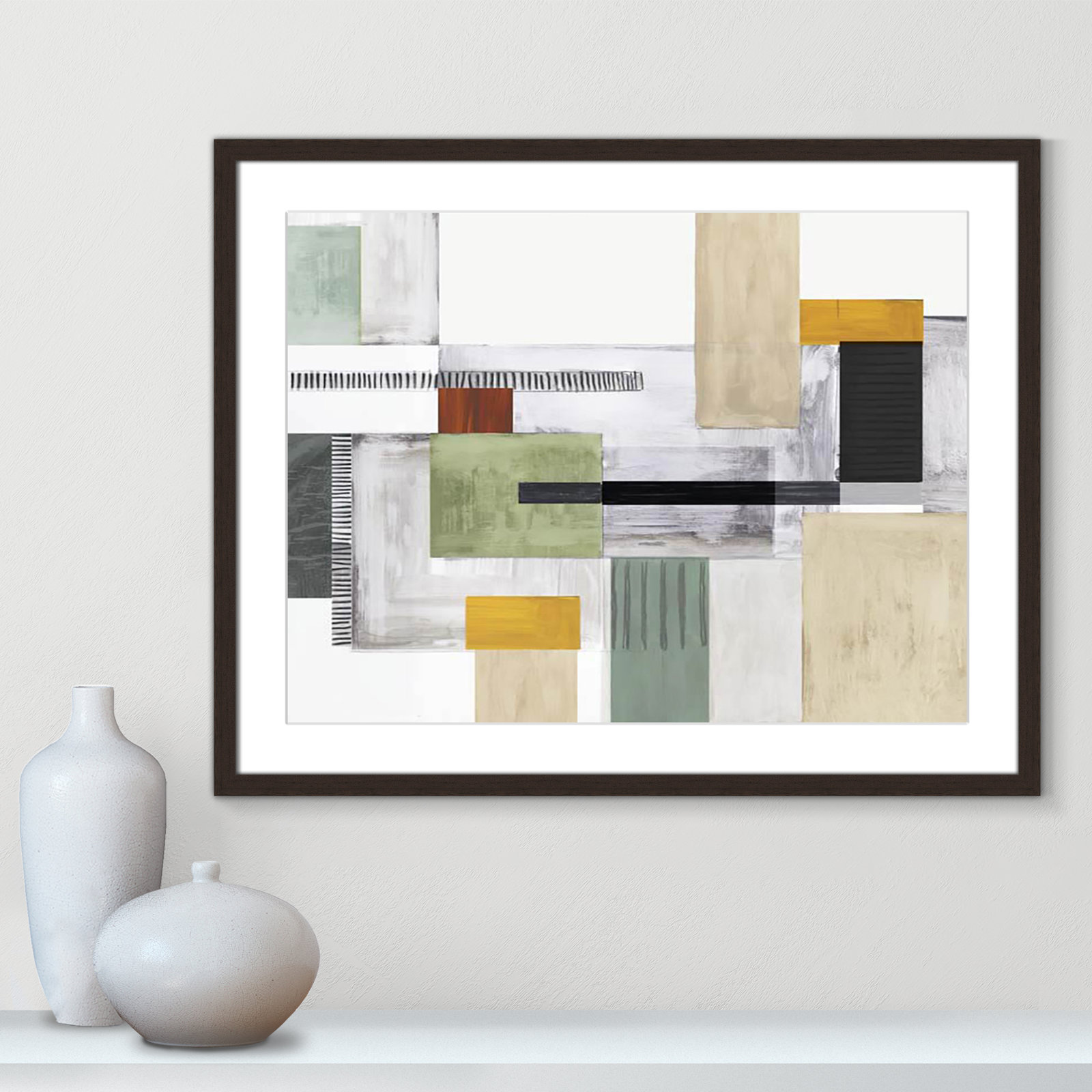 Playful Blocks Print by Tom Reeves, 23.5" H x 29.5" W x 1.25" D, Walnut Box Picture Framed, White