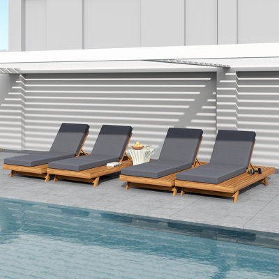 Erich Patio Acacia Wood Chaise Lounge With Adjustable Backrest & Triple-Fold Cushion