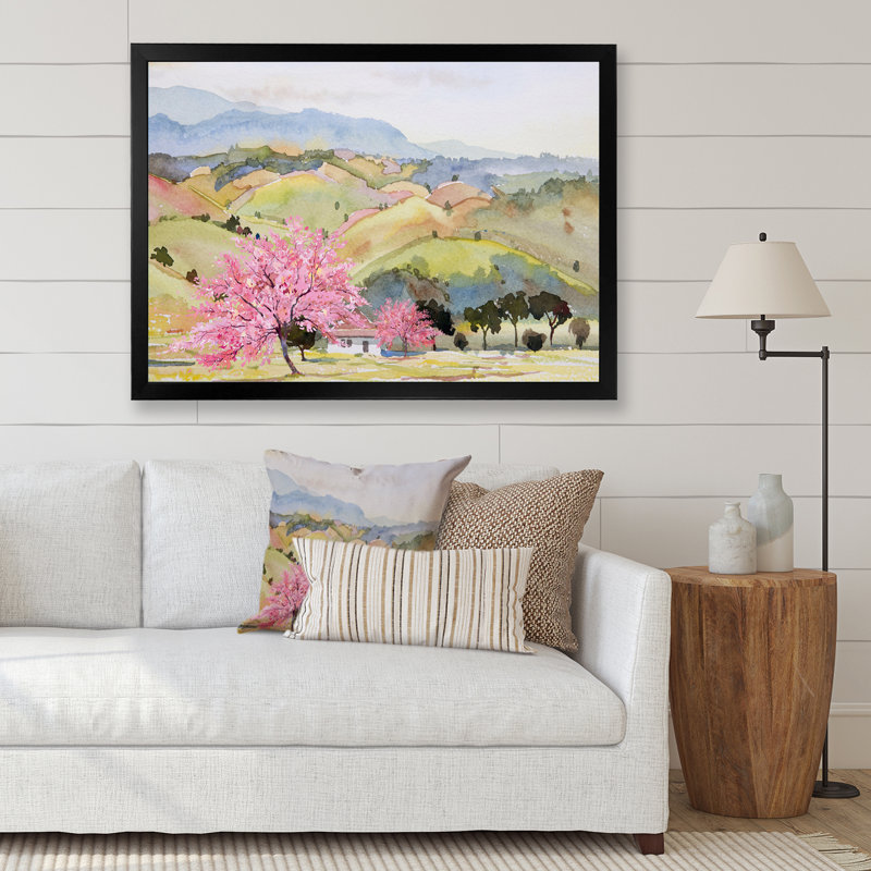 «Pink Mountain Tree in Autumn Landscape», peinture sur toile, L 44 po x H 34 po, Cadre photo noir