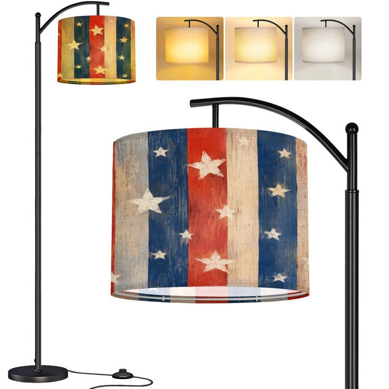  Lampe sur pied arc rouge patriotique rouge blanc bleu étoiles blanches style aquarelle rustique haute lampe sur pied moderne en lin réglable à 3 couleurs