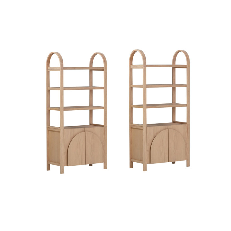 3 Tier Arched Bookshelf With Cabinet Base And Solid Wood Frame (2-Piece Set), Raw Oak