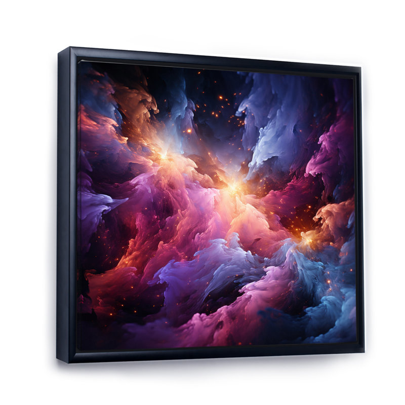 Rêves interstellaires abstraits or mauve - impression, Cadre flottant noir, H 36 po x l 36 po x P 1,5 po