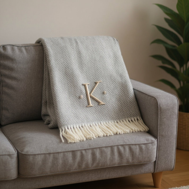 Jeté 55 "x 70" à chevrons gris et blanc en mélange de coton K avec glands et broderie